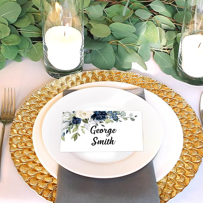 Whaline 100Pcs Floral Place Cards 2 x 3.5 Inch Watercolor Blue White Flower with Leaves Tented Seating Cards for Wedding Bridal Shower Party Table Setting