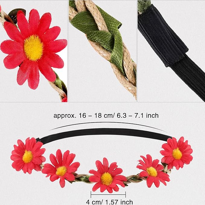 Flower Crowns For Women,16 Pieces Multicolor Daisy Flower Headband Hippie Headbands For Women Girls With Adjustable Elastic Ribbon Floral Garland Headbands For Festival Wedding Party