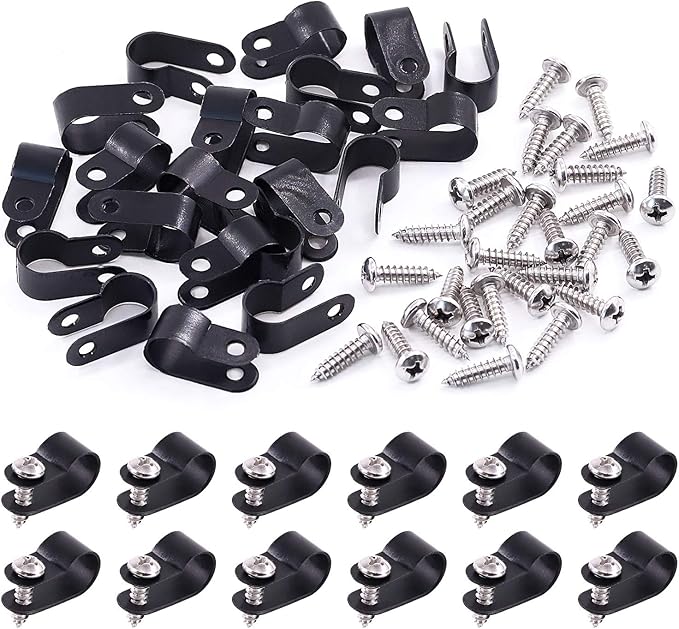 Swpeet 120 Pack Black 3/8 Inch Nylon Plastic R-Type Cable Clips Clamp Kit, Nylon Screw Mounting Cord Fastener Clips with 120 Pack Screws for Wire Management (3/8 Inch, Black)