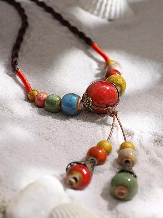 MINACHI Vintage Bohemian Ethnic Colorful Ceramic Bead Long Y Necklace, Hippie Boho Summer Fashion Jewelry Gift for Women