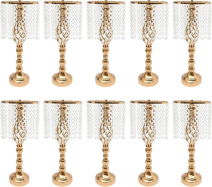 Wedding Centerpieces Gold Vases,10PCS Metal Flower Candle Holder with Sparkling Crystal Beads,Crystal Flower Vase Metal Flowers Stand for Party Tables Decorations (10PCS-Gold-15)
