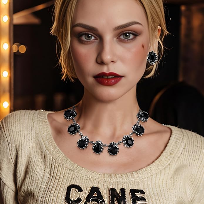 BriLove Victorian Style Statement Necklace Pierced Earrings Jewelry Set for Women Crystal Floral Cameo Inspired Oval Jewellery for Party Prom