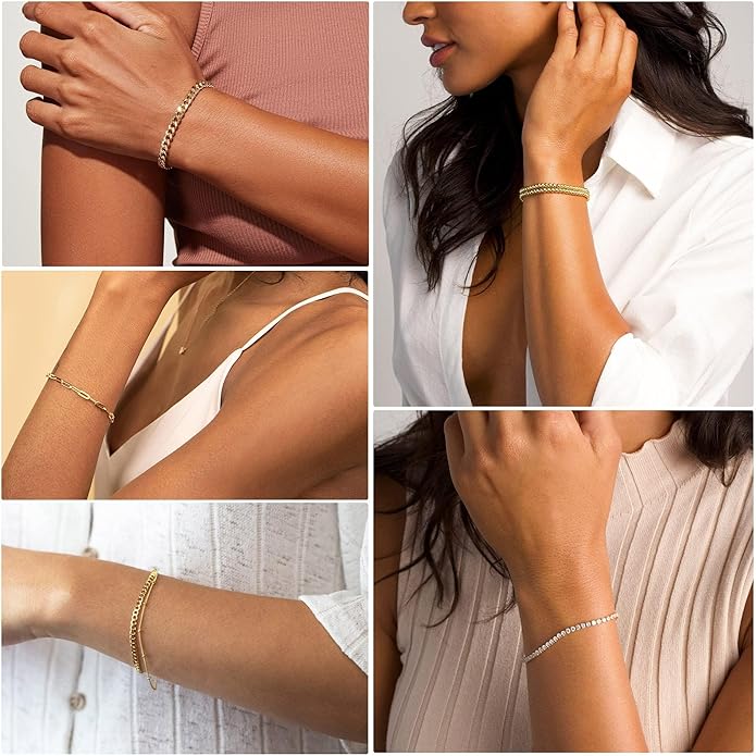 DEARMAY 14K Gold Plated Bracelets for Women, Jewelry Sets Cute Tennis Beaded Bracelets Cuban Link Paperclip Chain Dainty Bracelet Pack Gifts