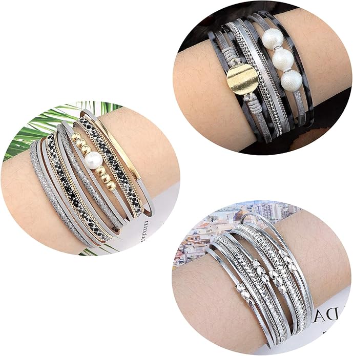 Wowanoo 3Pack Leather Cuff Bracelet Set Multilayer Wrap Bracelet Crystal Feather Tree Bracelet Magnetic Clasp Bracelet for Women