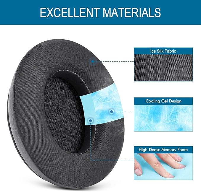 GVOEARS Cooling Gel Replacement Ear Pads for HyperX Cloud 1/2/3/Pro/Core/Alpha/Alpha S/Alpha Pro/Flight/Flight S/Stinger/Stinger S, CloudX Stinger Headset and More, Breathable Ice Silk Fabric - Black