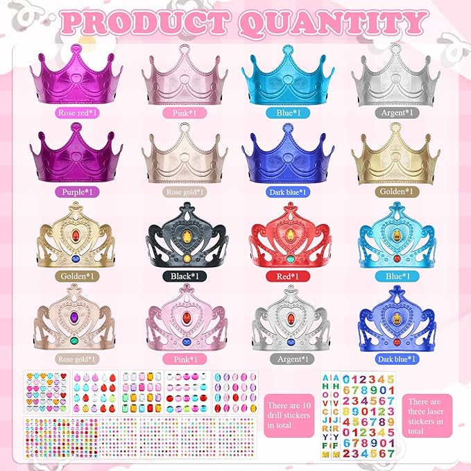 ZYNERY 29 Pcs Foam Crowns Set for Kids Princess Crowns Tiaras King Crown DIY Crafts with Gem Stickers Bulk 4-14mm Rhinestones,Birthday Party Role Play