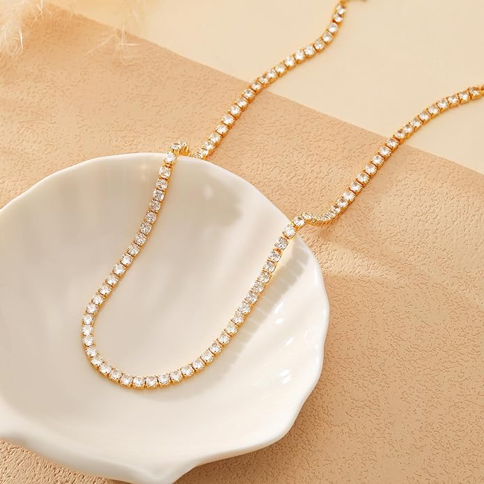Tennis Necklace for Women, 14K Gold/Silver Plated Rhinestone Choker Necklace for Women, Dainty Cubic Zirconia Cut Faux Diamond Chain