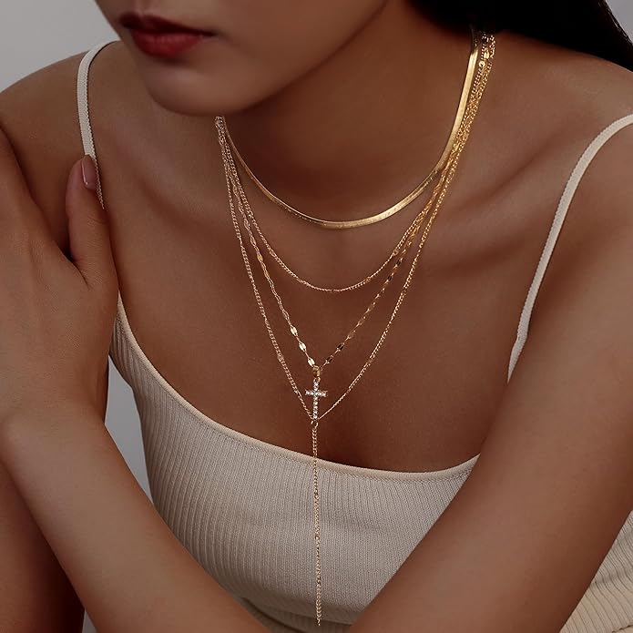 Evabelle Gold Layered Necklace for Women Trendy Jewelry 14K Real Gold Plated Chunky Chain Stackable Necklaces Dainty Choker Necklaces Rectangle Square Pendant
