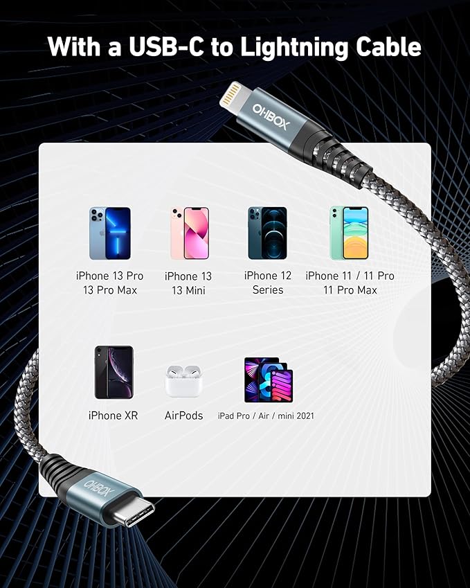 ohbox 1FT USB-C to Lightning Cable 2Pack, MFi Certified Type C iPhone Charger Cord, Fast Charging, Compatible with iPhone 14/13/12/11 Pro Max/XR/XS/X/8 Plus/SE/iPad