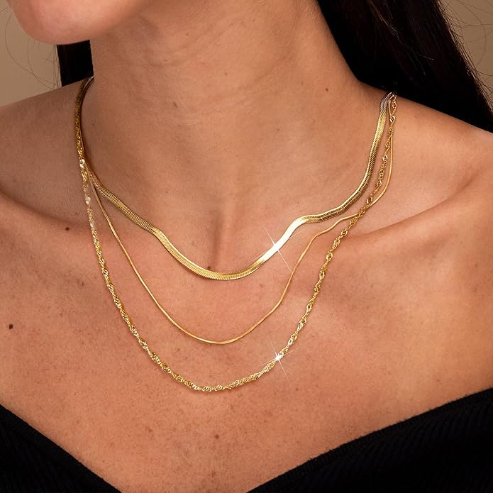 3PCS Gold Necklaces for Women,Chunky Statement Gold Plated Necklace Stack Layered Sterling Silver Herringbone Chains for Women Dainty Trendy Silver Chains Stacked Jewelry Gifts