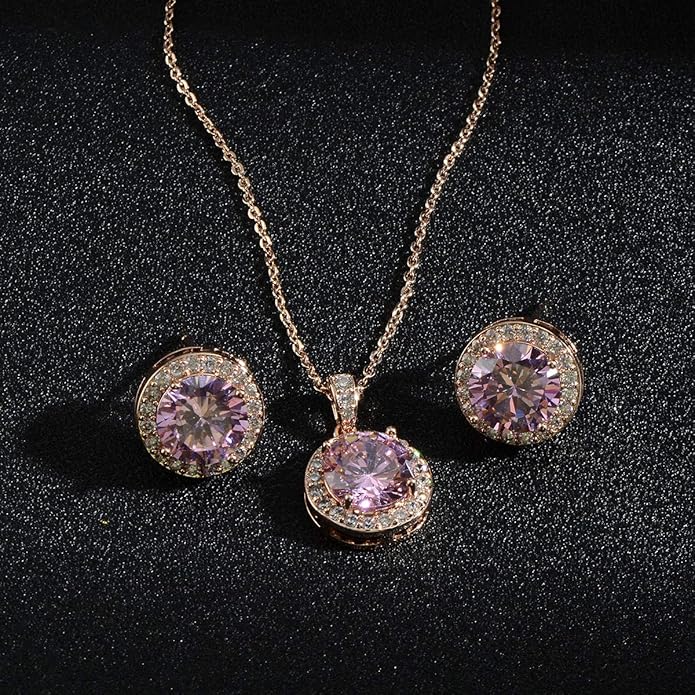 Bridal Crystal Jewelry Set - Sterling Silver Round Cubic Zirconia CZ Rhinestone Halo Birthstone Pendant Necklace Stud Earrings Set for Wedding Bride Bridesmaids Birthday Gift