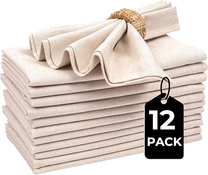 Homidate Linen Flax Cotton Cloth Dinner Napkins Set of 12 – 18x18 Natural Hemstitched Reusable Fabric Napkins for Weddings, Parties, Dinners & Table Décor – Elegant & Durable