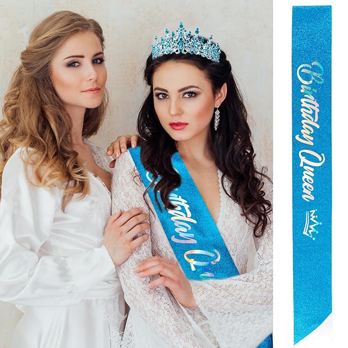 VELSCRUN Birthday Queen Tiara Crowns for Women Girls Blue Crystal Birthday Queen Headband Sash Elegant Princess Crown Happy Birth Party Decorations Mom Sisters Birth Gift Hair Accessories