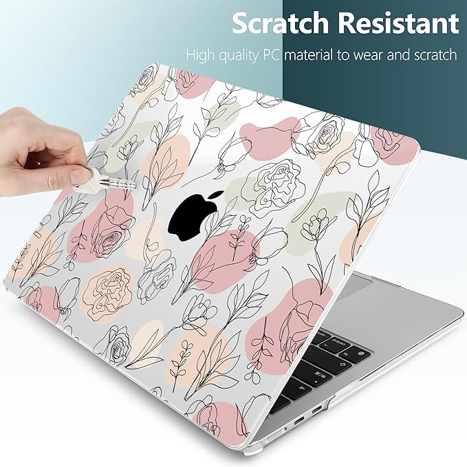 TWOLSKOO Compatible with M4 MacBook Air 15 inch Case 2025-2023 Released Model M4 A3241 M3 A3114 M2 A2941, Plastic Hard Shell & Screen Protector & Keyboard Cover & Trackpad Film, Line Flowers