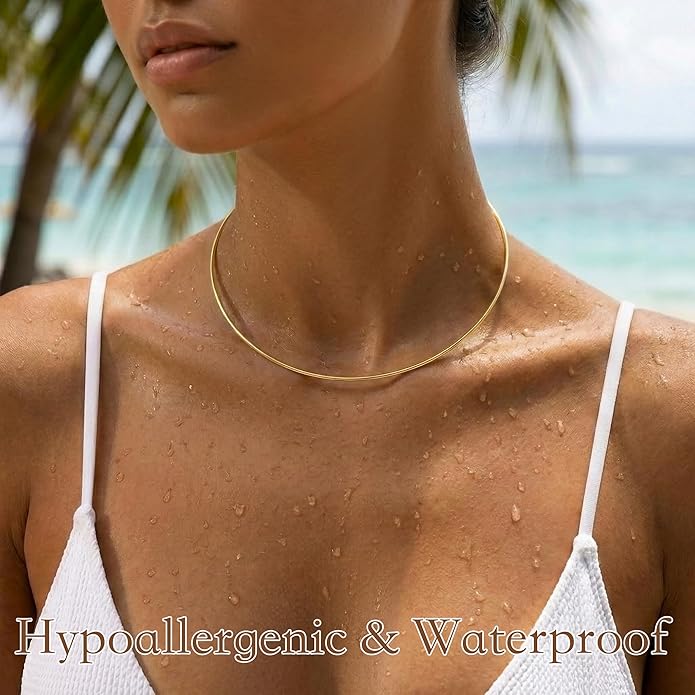 Dainty Choker Necklace for Women, Minimalist Simple Thin Lightweight Collar Choker, 14K Gold Plated Stainless Steel, Hypoallergenic Fashion Trendy Jewelry, Open Cuff Bangle Inspired Design Jewelry