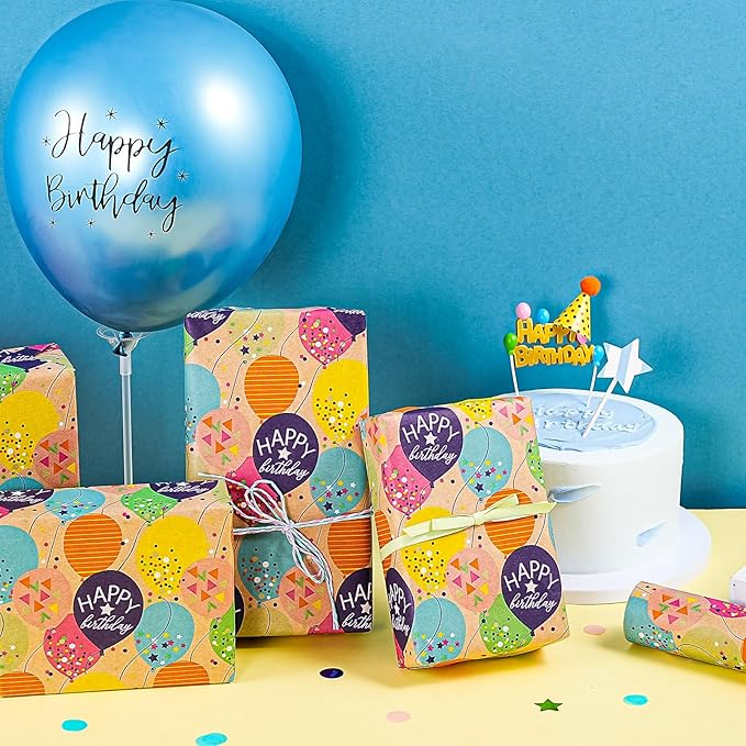 WRAPAHOLIC Jumbo Birthday Wrapping Paper Roll - 30 Inch x 33 Feet - Colorful Balloon with Confetti Design for Girls Boys Kids, Baby Shower, Party