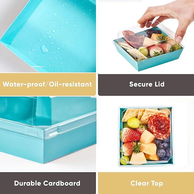 50 Pack Small Charcuterie Boxes with Clear Lids - To Go Paper Mini Charcuterie Box, Disposable Food Containers, 5Inch Dessert Boxes - Sandwich, Cookie, Sushi, Cake Slice, Strawberries (Blue)