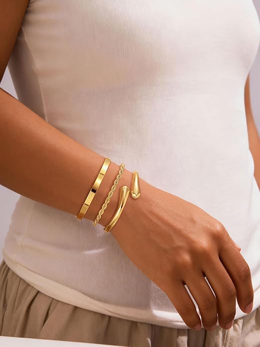 Gold Bangle Bracelets for Women, Non Tarnish Dainty 14K Gold Plated Cuff Bracelets Stackable for Women,Waterproof Bracelet Stack Gold Jewelry Gifts Trendy Adjustable Accessories