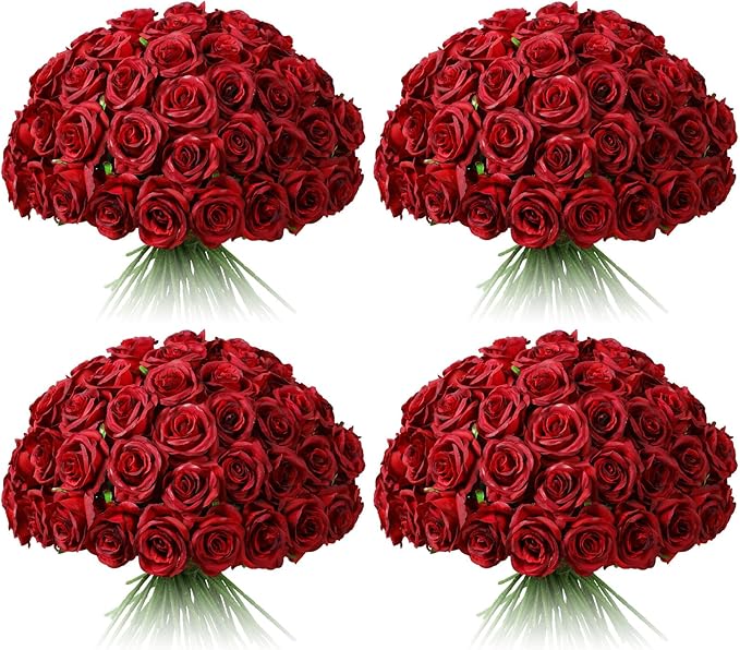 Tifuly 100 Pcs Red Roses Artificial Flowers Bulk, Realistic Long Stem Fake Silk Roses Bouquet for Wedding Centerpiece Table Vases Party Home Kitchen Decor（Burgundy）