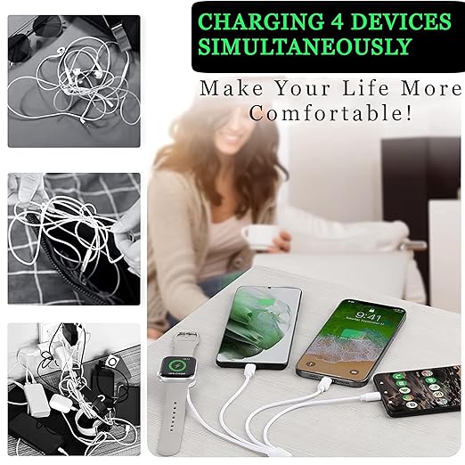 4 in 1 Watch & Phone Charger Cable, Multi Charging Cord, Fast Magnetic Cable USB Type C for Apple Watch, iPhone, Pods, Android & More / 3.3ft