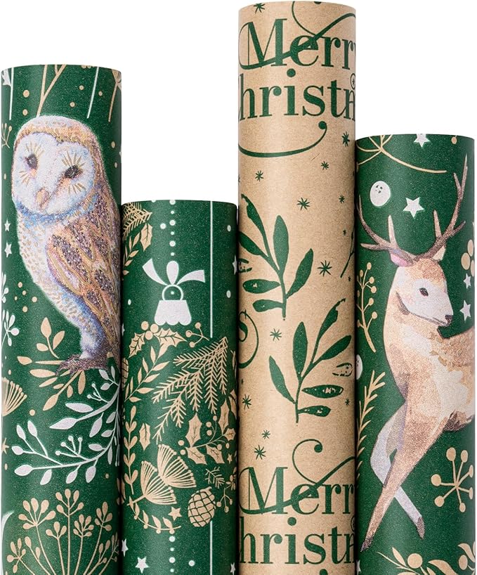 RUSPEPA Christmas Kraft Wrapping Paper - Owl, Reindeer, Christmas Ball and Text Design - 4 Rolls - 30 inches x 10 feet per Roll