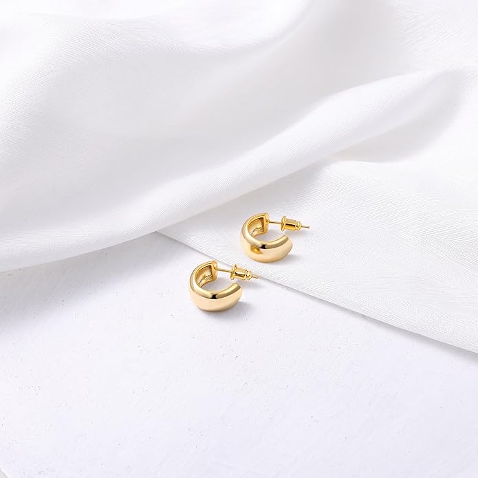 Gamicy Small 14K Gold Plated Hoop Earrings for Women with 925 Stering Silver Post, 14K Real Gold Plated Chunky Lightweight Hoops Earrings
