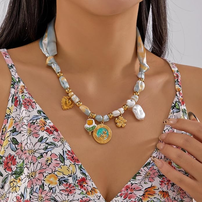 RINHOO FRIENDSHIP Silk Scarf Necklace for Women - Adjustable Boho Vintage Bandana Choker with 18K Non-Tarnish Gold Charms (Assorted Pendants & Patterns) Layered Jewelry Gift Box