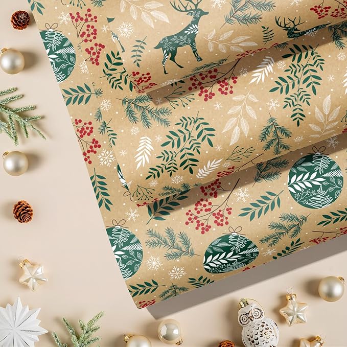 RUSPEPA Christmas Kraft Wrapping Paper Roll - Mini Roll - 17 inches x 10 feet per Roll, Total of 3 Rolls - Berry Leaves and Reindeer