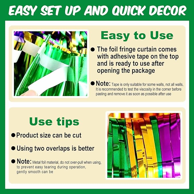 3 Pack Gold Green Purple Foil Fringe Curtains Backdrop, 3.28 x 8.2 Ft Metallic Streamers Tinsel Curtains Background for Photo Booth, Birthday, Halloween, Christmas, New Year Party Decorations