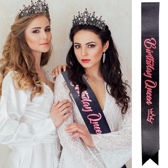VELSCRUN Pink-Black Crystal Tiara Crown for Women Girls with Birthday Sash Elegant Princess Crown and Combs Hair Accessories Happy Birthday Party Decorations