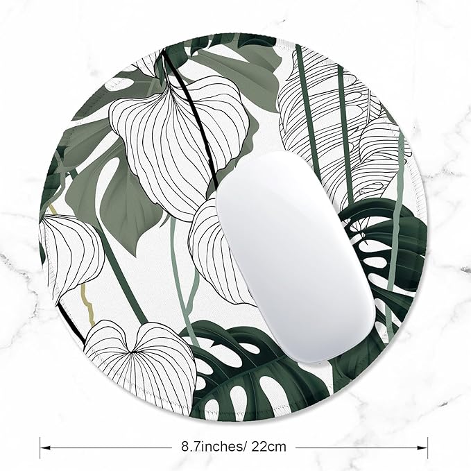 ITNRSIIET Round Mouse Pad with Stitched Edge Premium-Textured Waterproof Non-Slip Rubber Base Desktop Protection Mat Diameter 8.7 inches, Tropical Plant