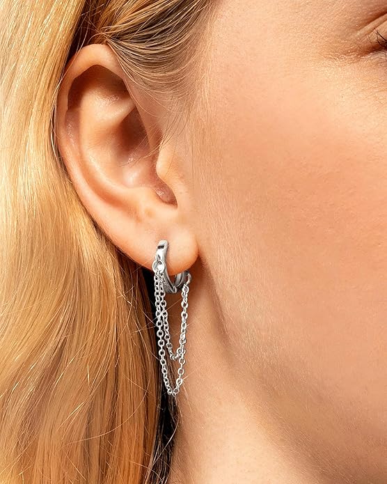 Tassel Chain Small Gold Hoop Dangle Earring For Women Huggie Earring Heart Star CZ 14K Gold Plated Fashion Jewelry Friendship Gift