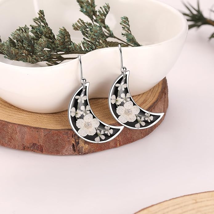 Forget-Me-Not and Queen Anne's Lace Pressed Wildflower Earrings | Pressed Flower Earrings | Handmade Drop and Dangle Earrings | Gift for Woman
