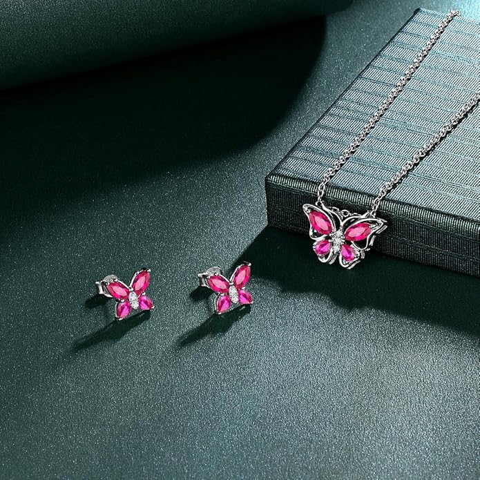 925 Sterling Silver Birthstone Butterfly Jewelry Women Crystal Animal Cute Butterflies Birthday Necklace/Earring/Ring/Bracelet Sets Birth Stone Statement Anniversary Jewellery