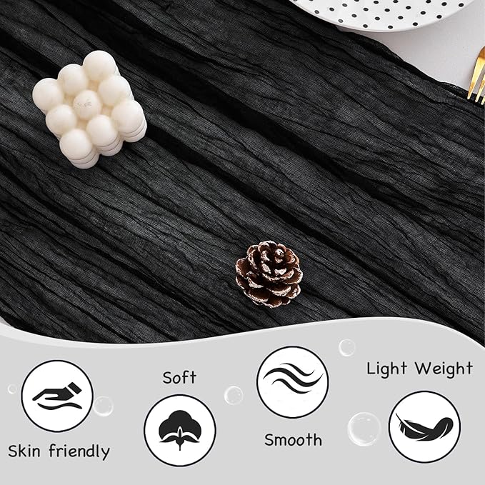 10 Pack Black Table Runner 120 Inch Cheesecloth Table Runner 10FT Boho Gauze Table Runner Long Cheese Cloth Table Runner Semi Sheer Runners for Wedding Bridal Baby Shower Party