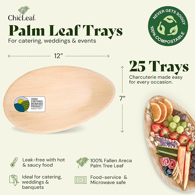 Chic Leaf All Natural Compostable & Disposable Rectangular 12" x 7" Palm Leaf Trays for Events, Parties, Charcuterie, Catering & Weddings - Disposable Plates Party Supplies (25 pc)