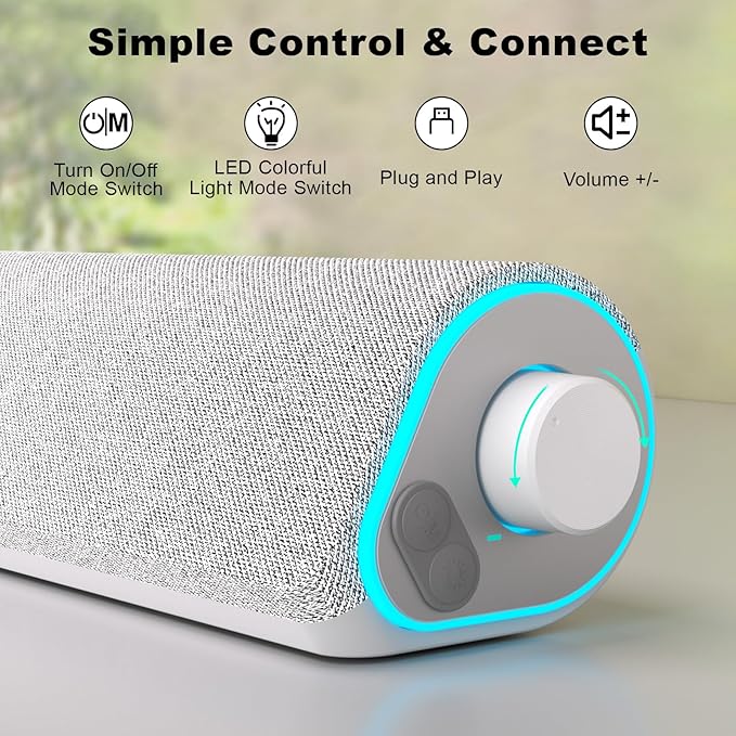 SOULION R50 Bluetooth Computer Speakers for Desktop PC Monitor White,Wired USB Powered 3.5mm Aux PC Speakers Sound Bar,4 Modes LED Lights with Switch Button,Surround Sound Soundbar for Computer