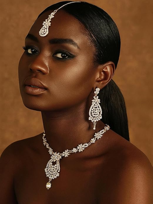 Touchstone Indian jewelry sets for women maang tikka wedding guest gold necklace bollywood jewellery set pageant elegant prom bride accessories western crystal chunky rhinestone necklaces