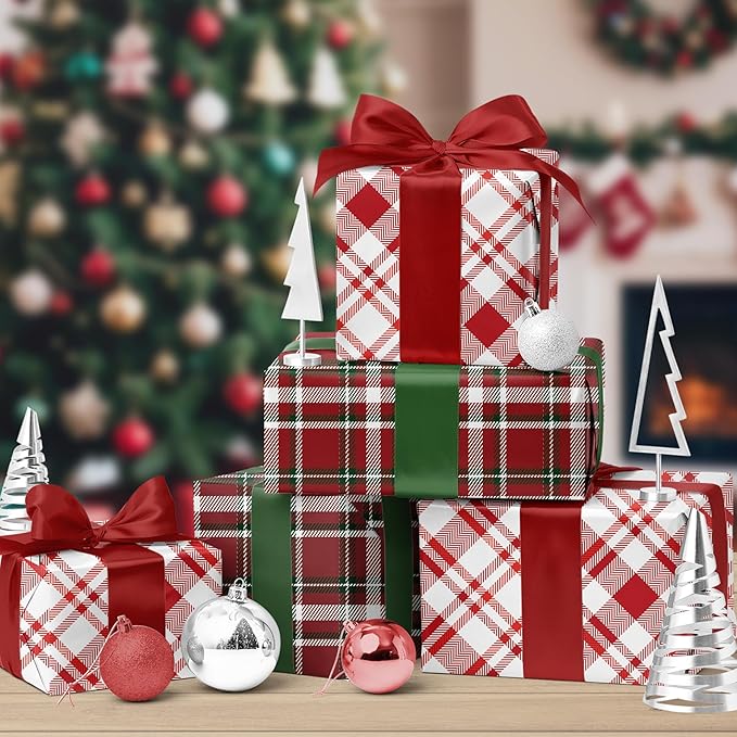 LaRibbons Reversible Christmas Wrapping Paper Roll, Classic Red & White Tartan Plaid Gift Wrap for Christmas, Holiday, Winter Party, 17 Inch x 33 Feet