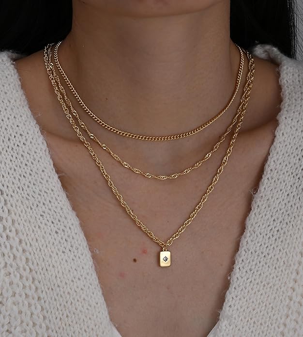 YEEZII Layered Gold Necklaces for Women Trendy, 3 Pcs 14K Gold Plated Choker Paperclip Box Chain Necklace, Stackable Women's Gold Pendant Necklaces Jewelry Set