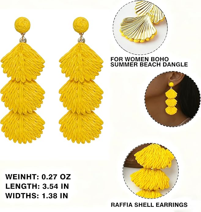 Raffia Dangle Earrings for Women - Boho Statement Rattan Drop Jewelry with Shell Design, Lightweight Summer Beach Trendy Accessories