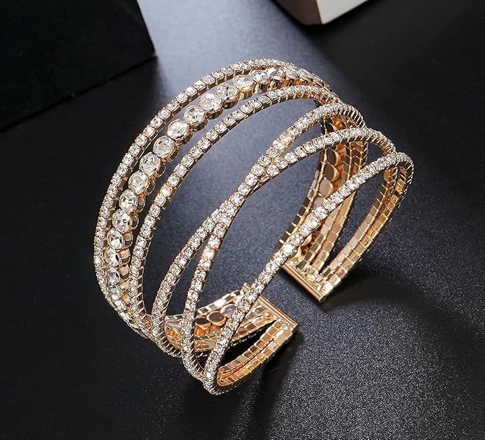 Rhinestone Bracelet for Women MultiLayer Crystal Cuff Bracelet Strand Layered Bracelet