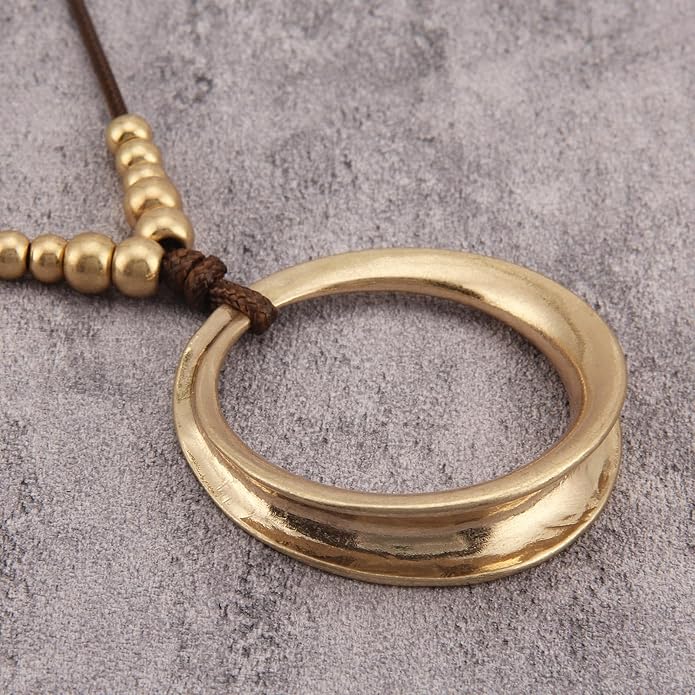 Boho Leather Necklace Women Bohemian Brown Circle Pendant Necklace Choker Long Necklaces for Women Boho Ring Large Pendant