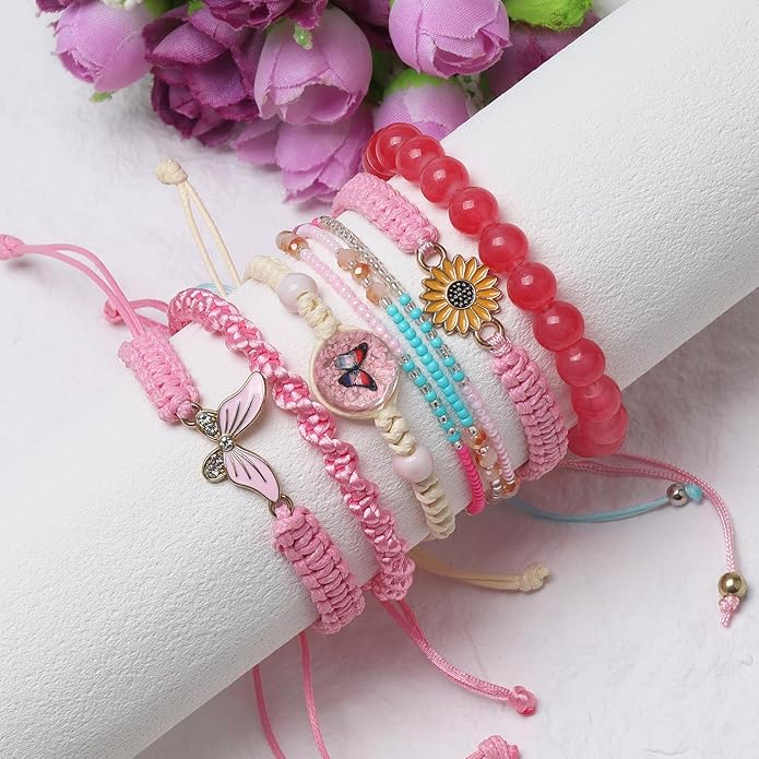 DS 6PCS String beads Charm Bracelets for Teen Girls Handmade Braided Rope Butterfly daisies Eternal flower Boho Surfer Bracelet for women Adjustable friendship Stretch birthday jewelry Gift Friends