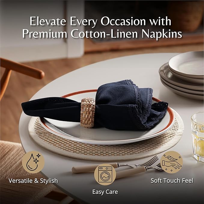Ramanta Home Linen Flax Cloth Napkins Set of 4 |18x18 Inch | Premium Cotton Linen Flax Lace Soft & Durable | Washable Ideal for Everyday Use Parties Thanksgiving Christmas Halloween Black