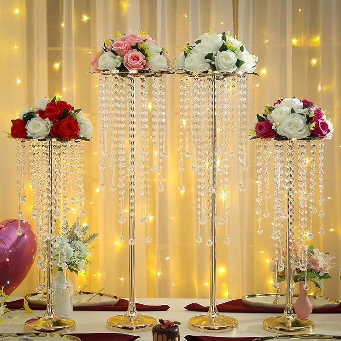 21.6in Bead Crystal Flower Arrangement Stand, Golden Flower Holder 2-Piece Lead Road Candle Holder,for Home Party Wedding Anniversary Christmas Decorations