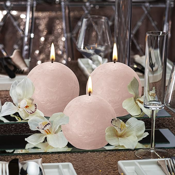 BOLSIUS 3 Pack Misty Pink Rustic Ball Pillar Candles - 3 Inch - Premium European Quality - Includes Natural Plant-Based Wax - Unscented Dripless Smokeless 25 Hour Party Décor and Wedding Candles