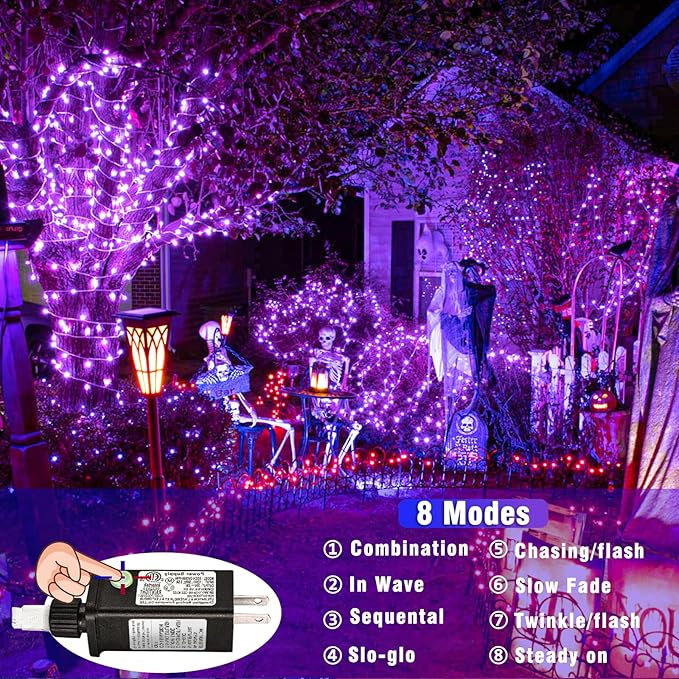 Vivideal 99ft 300 LED Christmas Lights Outdoor Waterproof, Purple String Lights Clear Wire with 8 Modes Plug in Purple Christmas Light for Tree Party Decorations