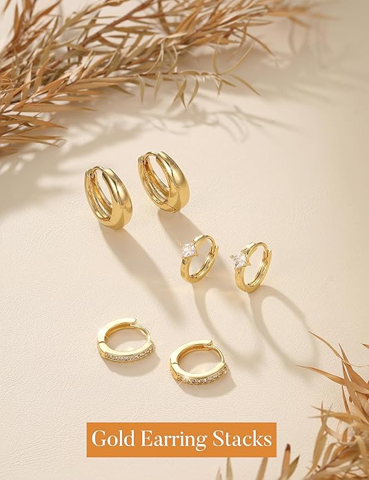 MILACOLATO 3 Pairs Small 14K Gold Plated Hoop Earrings for Women Trendy Hypoallergenic Silver Earring Stacks Huggie Hoops Earring Sets for Multiple Piercing Chunky Double Hoop Jewelry Lightweight