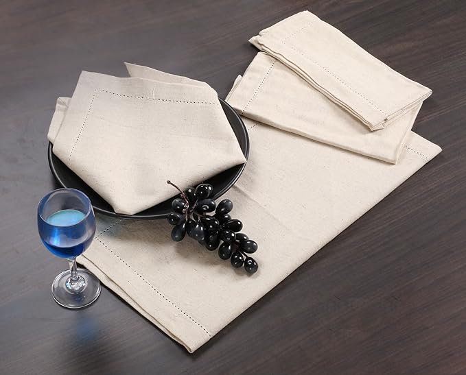 LFH Home Cloth Dinner Napkin Textured Cotton Flax Linen Hemstitched Napkin Set of 12, Machine Washable for Farmhouse, Living Room, Christmas, Family Gathering, 18x18 Inch Natural
